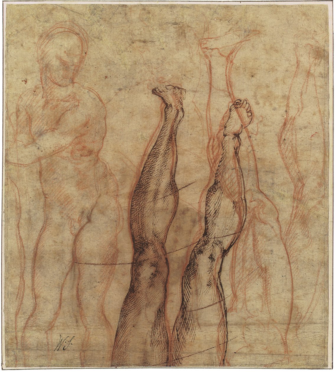 A feltámadt Krisztus, háromnegyed hosszú akt egy láb és egy láb tanulmányozására rajzolva alkotó: Michelangelo Buonarroti