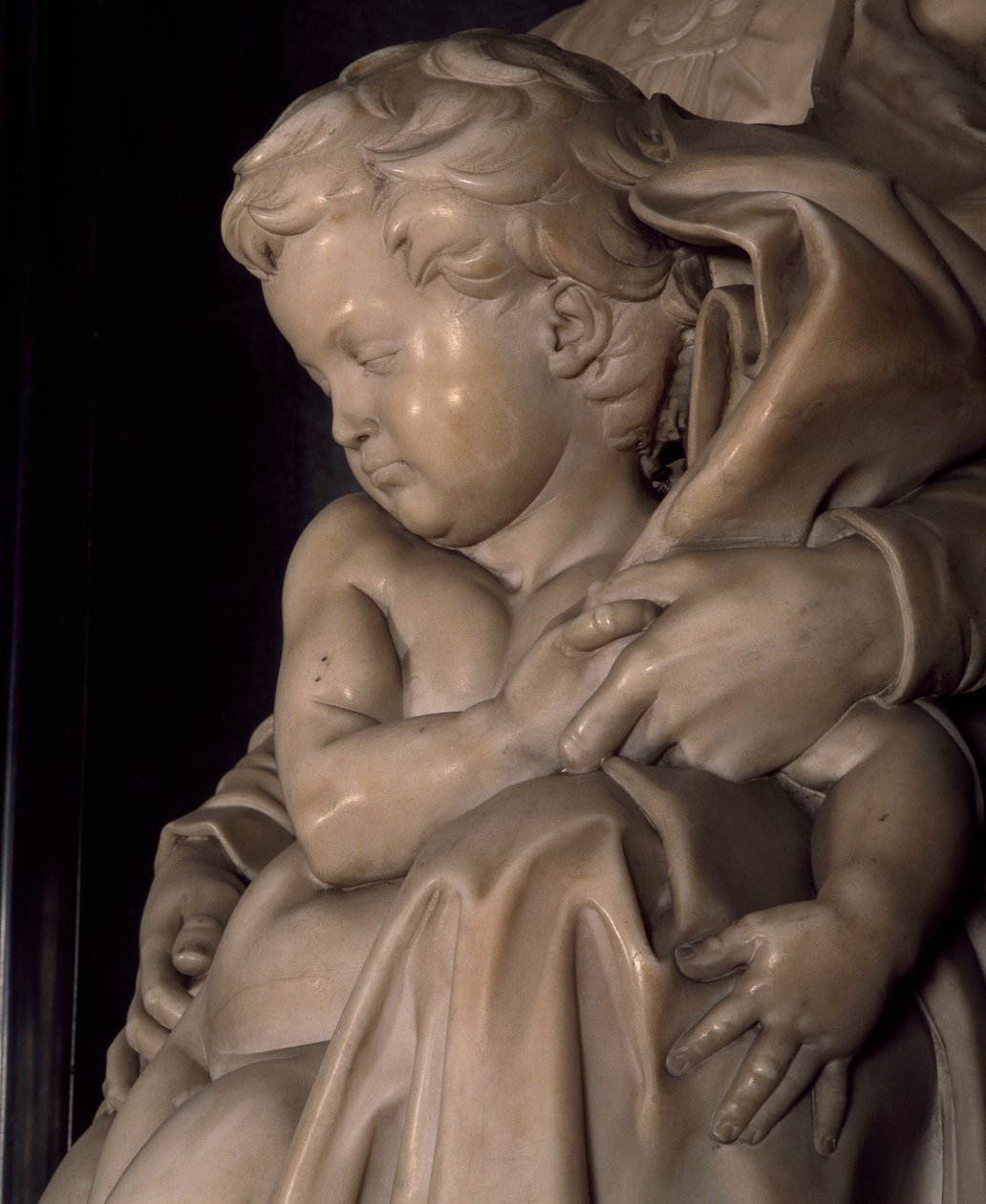 A kis Jézus, részlet a Madonnából és a gyermekből, Michelangelo (1475-1564), Notre Dame-templom Bruges-ben, Belgiumban alkotó: Michelangelo Buonarroti