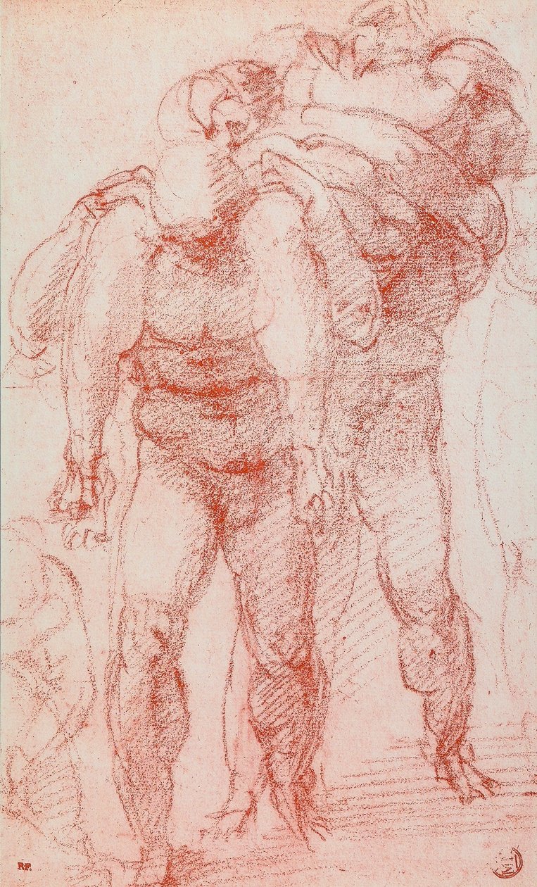 Három férfi, akik egy testet hordoznak; Michelangelo rajza. Louvre, Párizs alkotó: Michelangelo Buonarroti