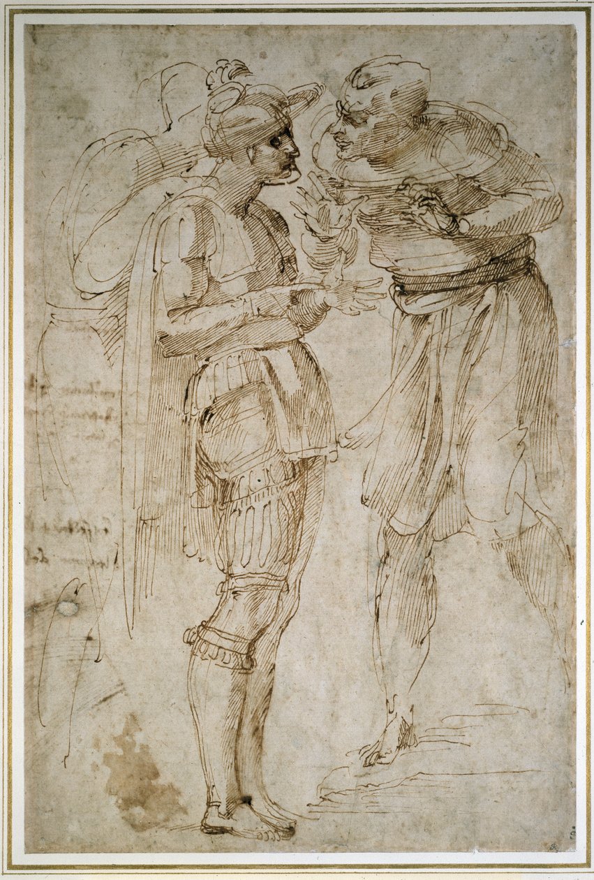 Három férfi beszélget (toll és barna tinta papíron) alkotó: Michelangelo Buonarroti