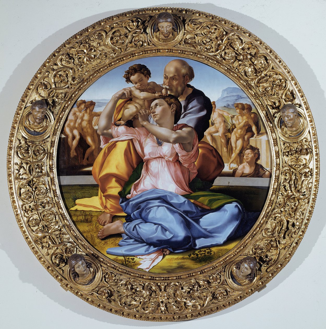 Tondo Doni: A Szent család Keresztelő Szent János gyermekével – olaj, panel alkotó: Michelangelo Buonarroti