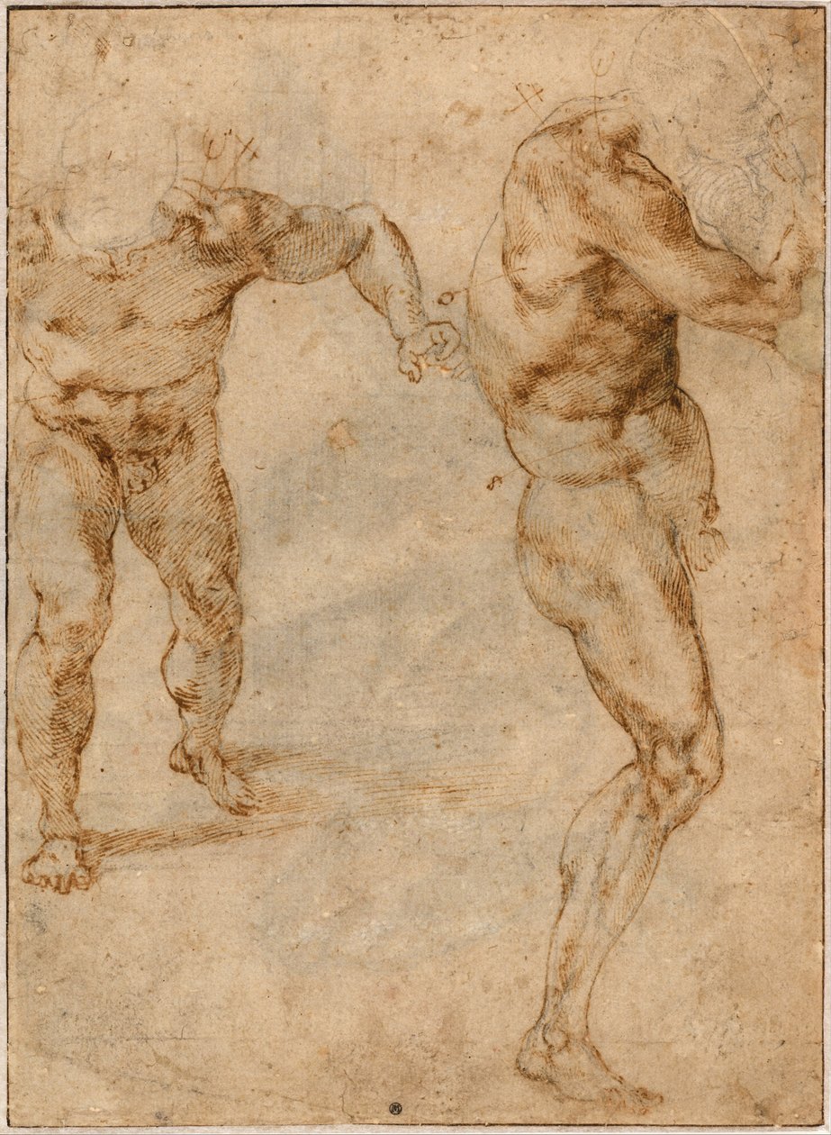 Két akttanulmány egy előre viharzó férfiról és egy másik jobbra fordulásról, c. 1504 alkotó: Michelangelo Buonarroti