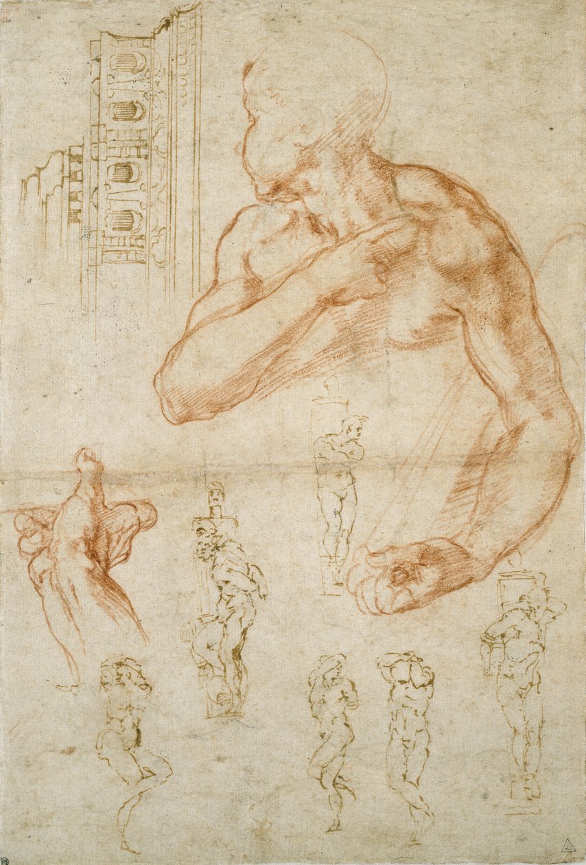 Különféle tanulmányok a Sixtusi mennyezetről és II. Julius pápa sírjáról, 1490-1560 alkotó: Michelangelo Buonarroti