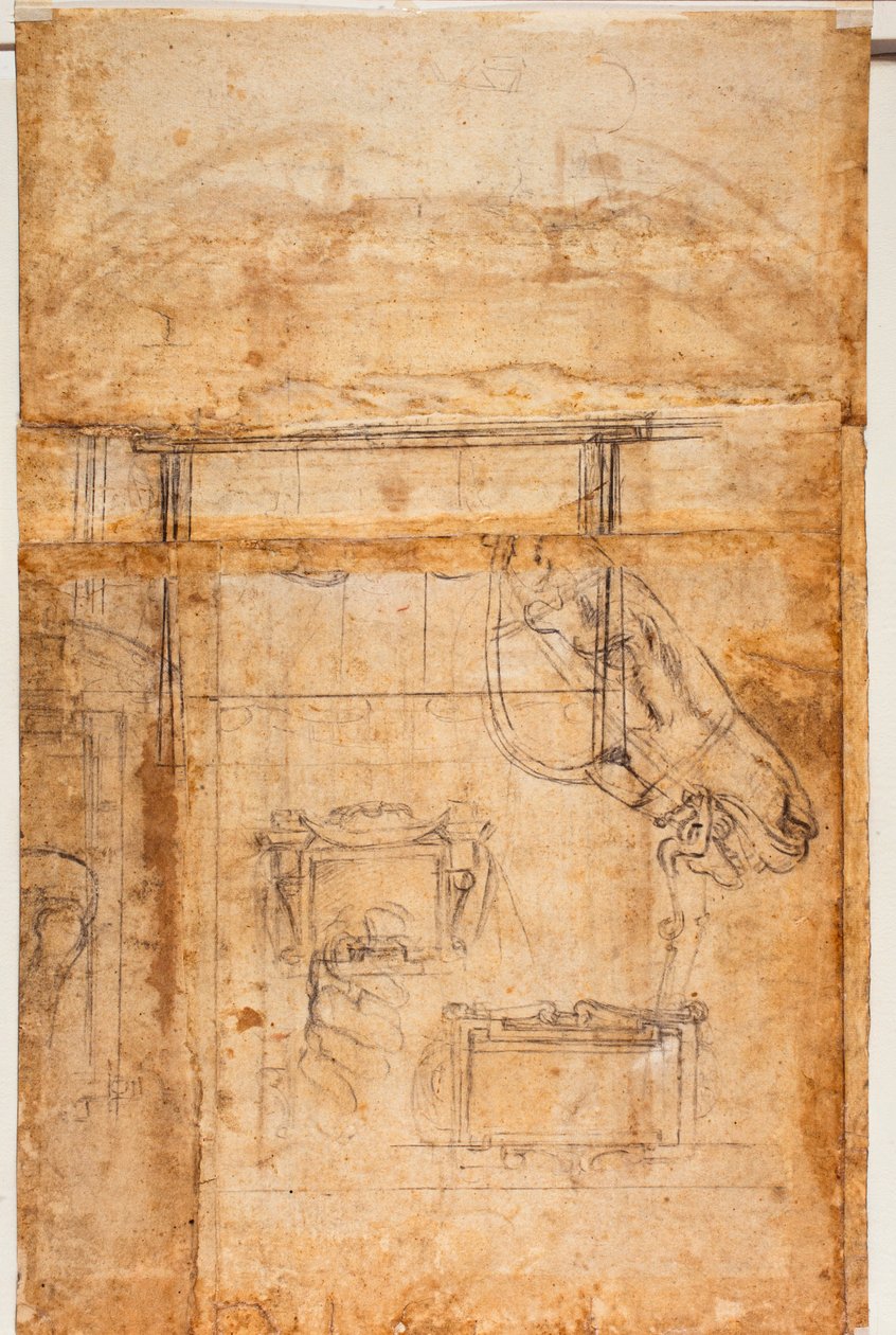Különböző tanulmányok az alakokról és az építészetről alkotó: Michelangelo Buonarroti