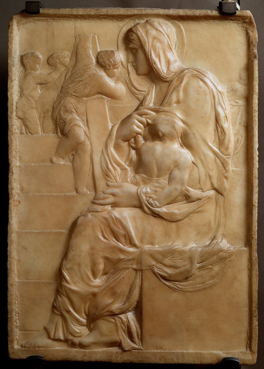 Szűz a lépcsőn (Madonna della Scala) Alacsony márvány dombormű, Michelangelo Buonarroti dit Michel Ange (Michelangelo vagy Michelangelo) alkotó: Michelangelo Buonarroti