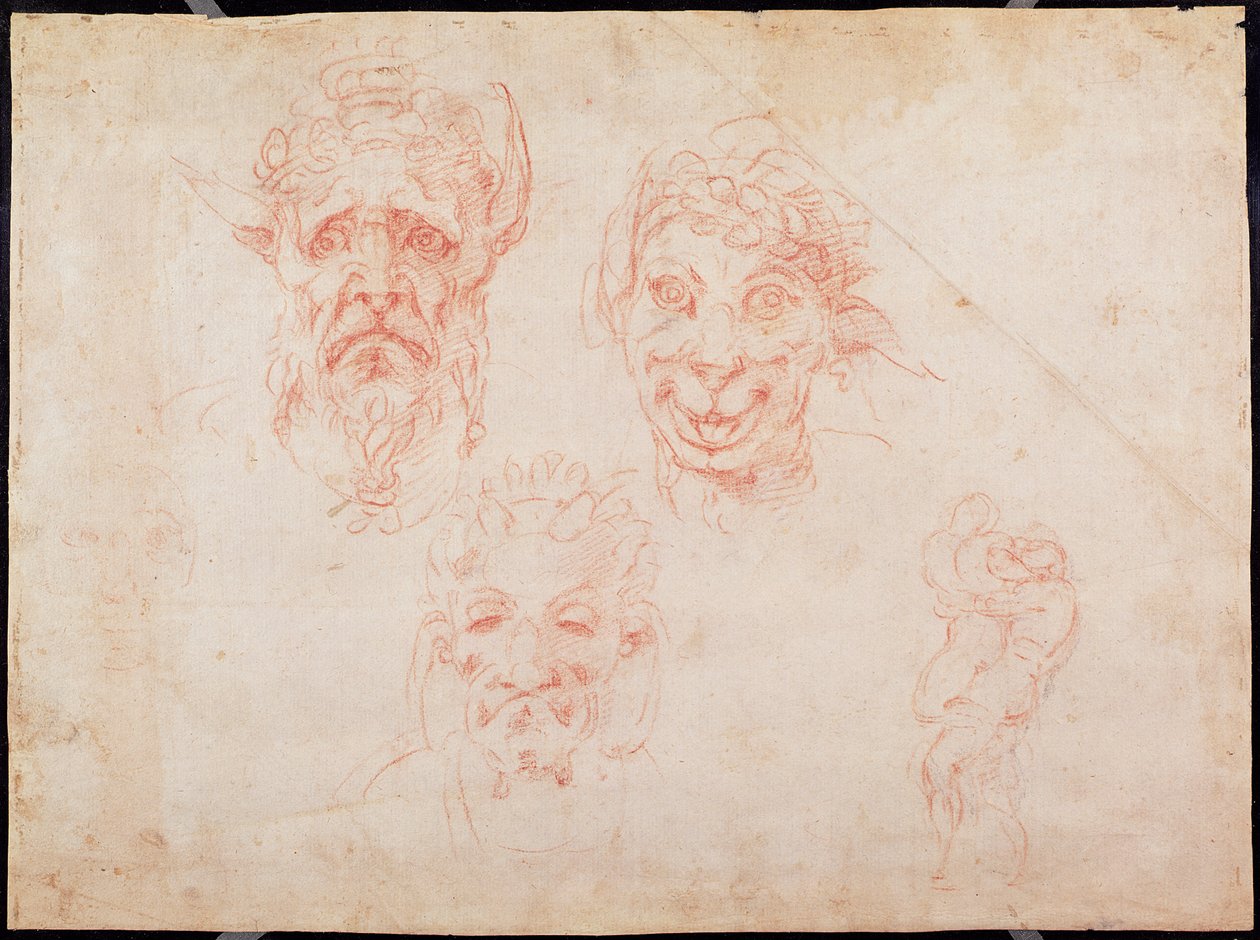 W.33 Vázlatok a szatírok arcáról (piros kréta papíron) alkotó: Michelangelo Buonarroti
