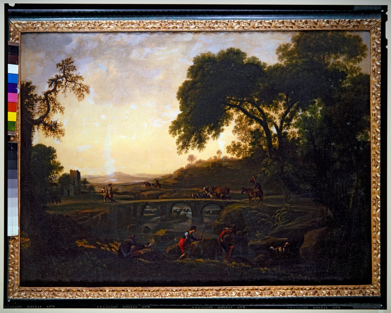 Tájkép híddal, parasztokkal, tehenekkel és kecskékkel (vászon) alkotó: Michelangelo Cerquozzi