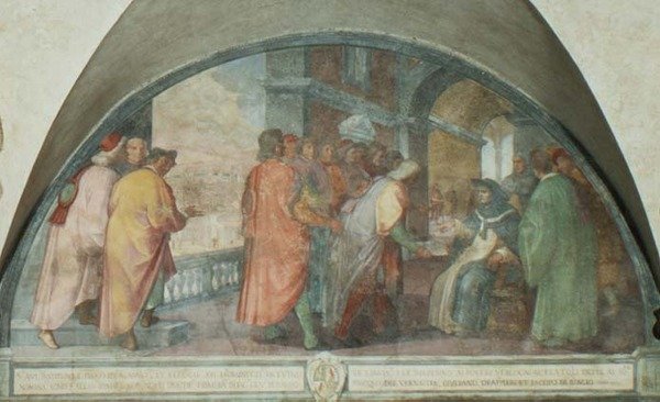 St. Antoninus megalapítja a Jóemberek Társaságát San Martinóban, lunette (freskó) alkotó: Michelangelo Cinganelli