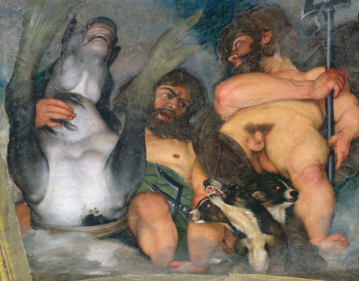 Az elemek allegóriája, az univerzum és a csillagjegyek, a Neptunusz és a Triton részlete Cerberusszal, a háromfejű kutyával, 1597 olaj, gipsz részlet, 107109 alkotó: Michelangelo Merisi Caravaggio