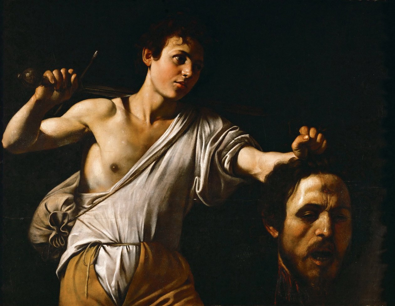 Barokk : David avec la tete de Goliath – Dávid Góliát fejével par Caravaggio, Michelangelo (1571-1610), kb. 1600. Olaj, fa, 90,5x116. Művészettörténeti Múzeum, Vienne alkotó: Michelangelo Merisi da Caravaggio