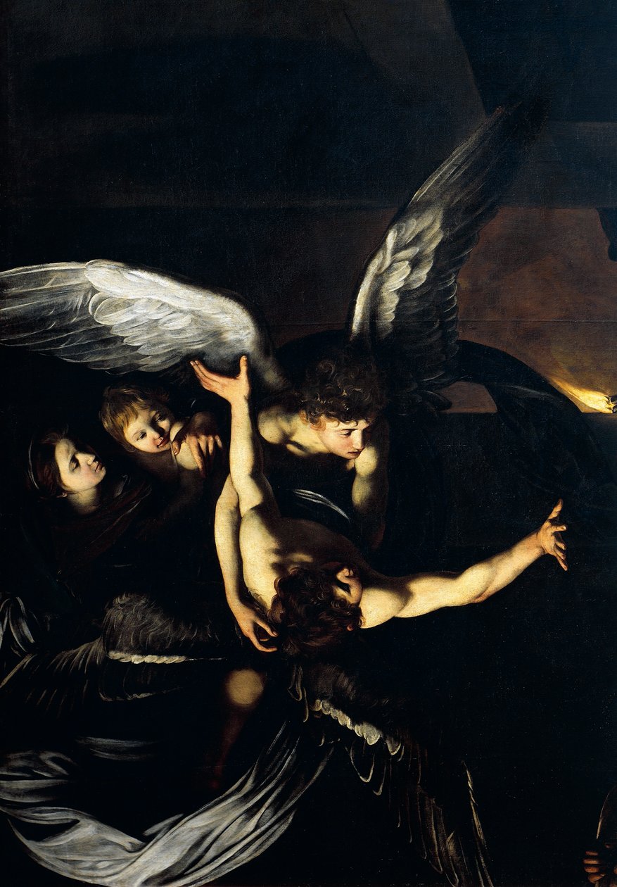 Angyalfigurák, részlet az Irgalmasság Boldogasszonyából vagy az Irgalmasság Hét cselekedetéből, 1606-2007 (olaj, vászon) alkotó: Michelangelo Merisi da Caravaggio