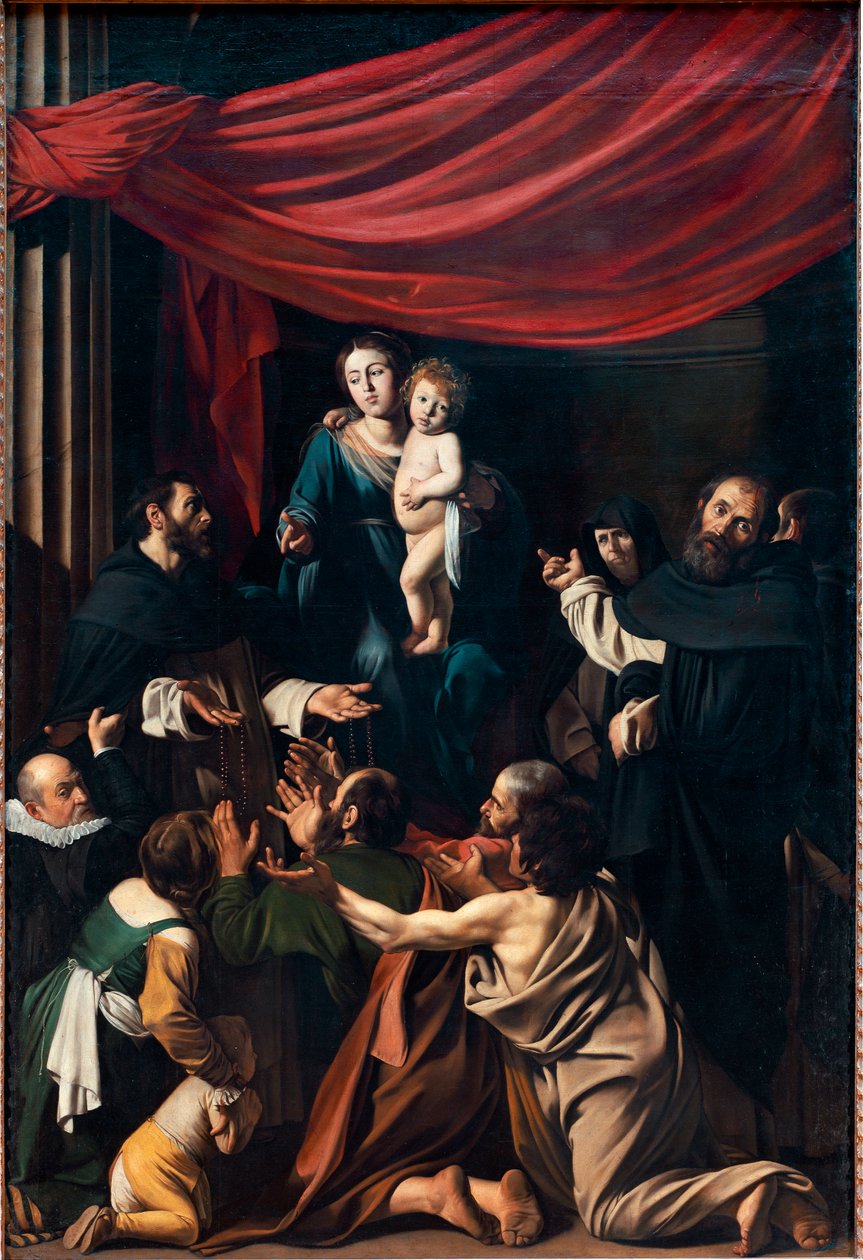 Madonna a rózsafüzérnél (olaj, vászon alkotó: Michelangelo Merisi da Caravaggio