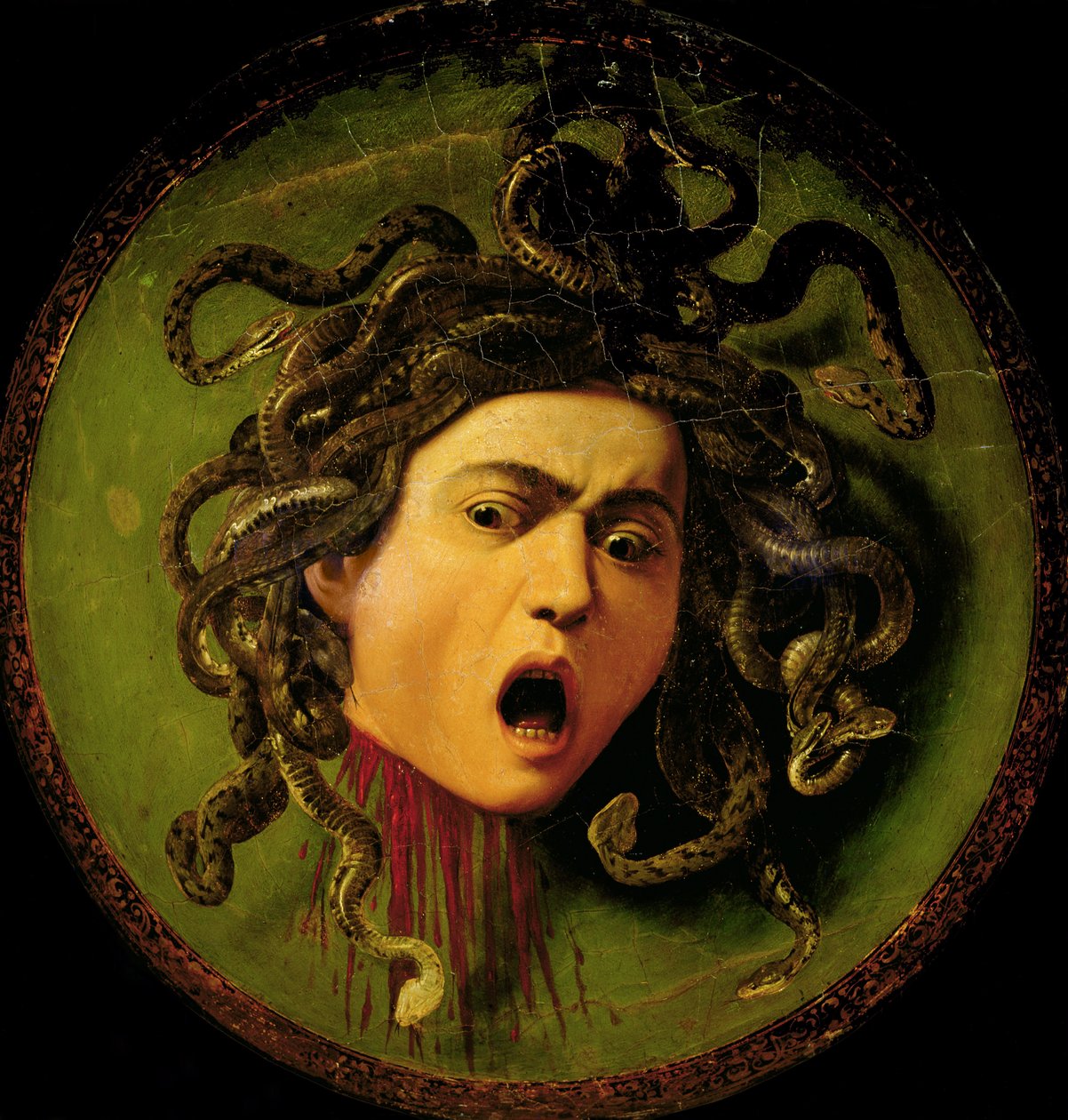 Medúza, bőr lovagi pajzsra festve, 1596-98 körül (olaj, vászon, fára erősítve) (restaurálás előtt) alkotó: Michelangelo Merisi da Caravaggio