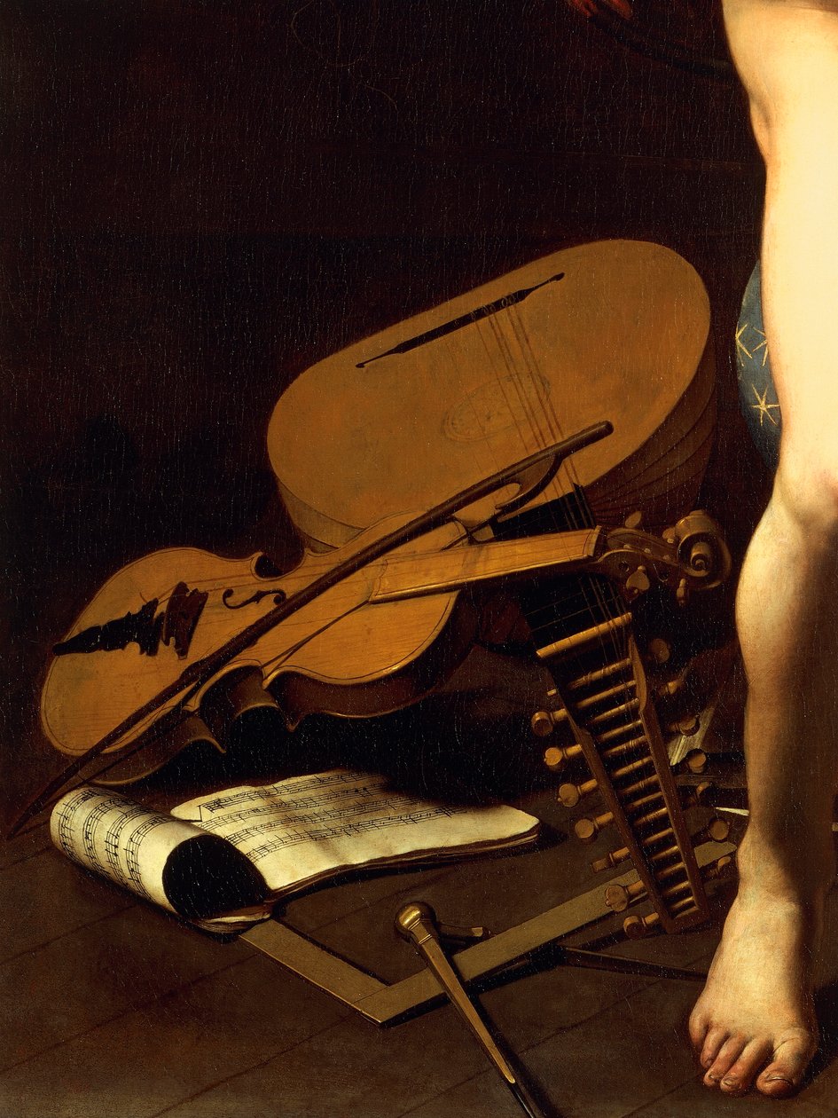 Hangszerek ábrázolása, Amor Victorious részlete, 1602 körül (olaj, vászon) alkotó: Michelangelo Merisi da Caravaggio