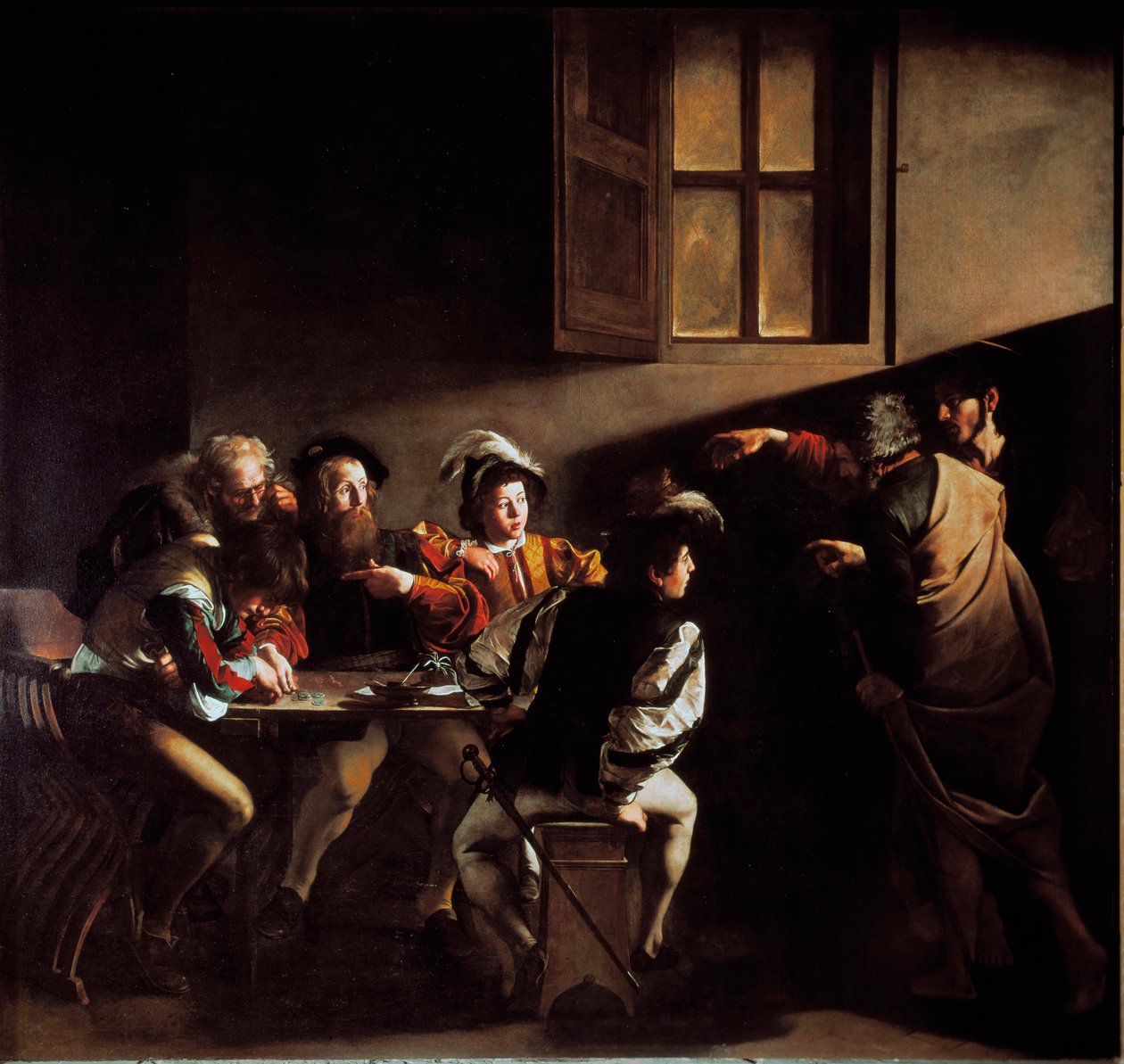 Szent Máté hívása (olaj, vászon) alkotó: Michelangelo Merisi da Caravaggio