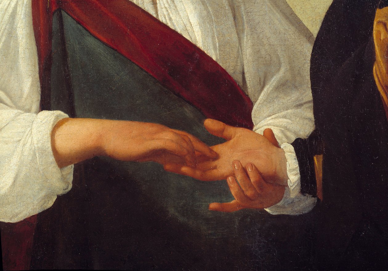 A jósnő Részlet, amely a kliens kezét ábrázolja, megnyúlt a nő kezében, aki a tenyere sorait olvassa. Michelangelo Merisi da Caravaggio dit Le Caravaggio festménye (kb. 1571-1610) V. 0,99x1,31 m alkotó: Michelangelo Merisi da Caravaggio