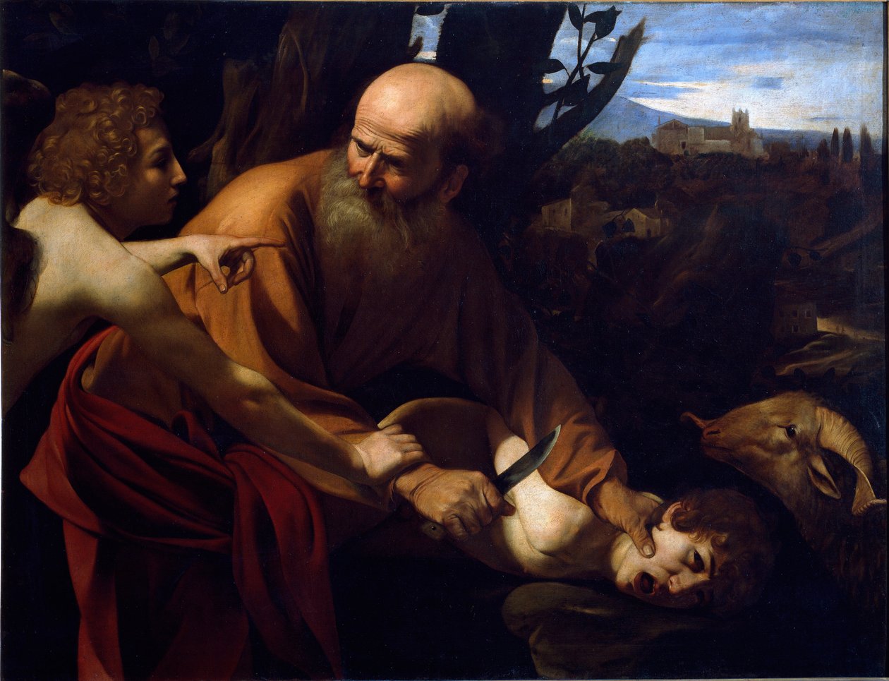 Izsák áldozata Egy angyal fogja Ábrahám kezét fiának, Izsáknak az Úr parancsa szerinti áldozata előtt. Michelangelo Merisi festménye A Caravaggio vagy il Caravaggio (1571-1610) 1594-1596 Dim. 104x135 cm Firenze, Galleria degli Uffizi ( alkotó: Michelangelo Merisi da Caravaggio