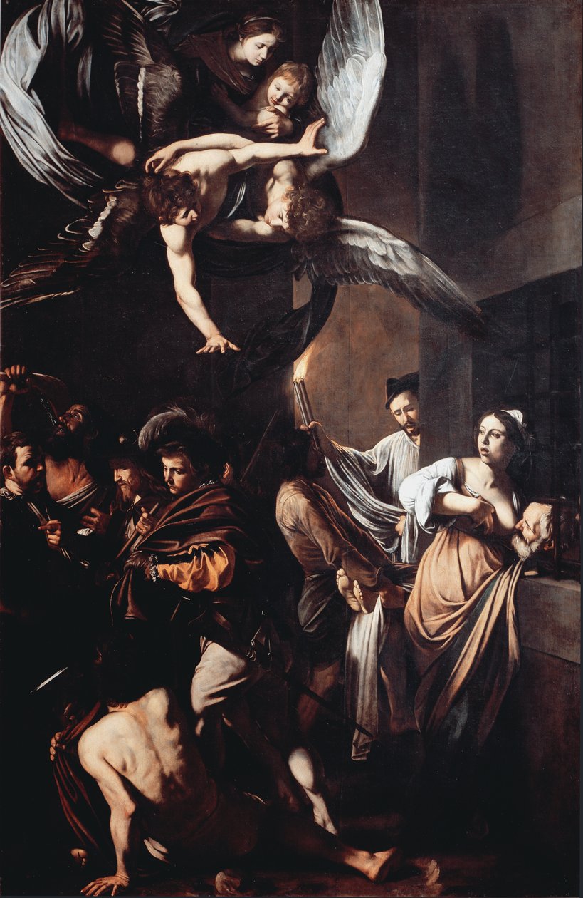 A misericorde hét műve (Sette opere di misericordia). Cimon éhezésre ítéli a börtönben, a lánya, Pero (Roman Charity) melléből táplálkozik, a háttérben pedig egy férfi egy fáklyát visz magával, hogy kihúzzon egy holttestet. A tetején a szűznek van t alkotó: Michelangelo Merisi da Caravaggio