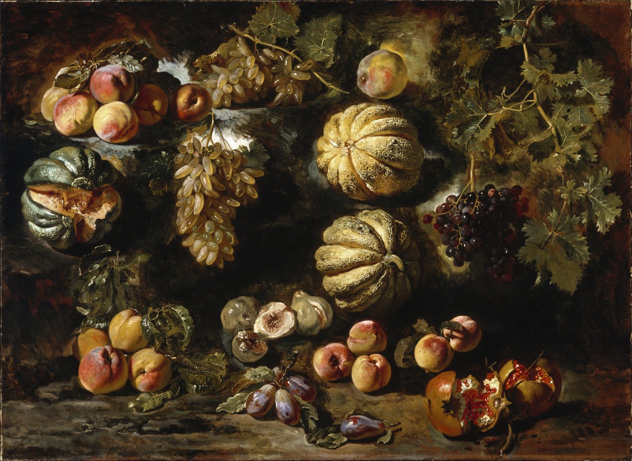Csendélet dinnyével, őszibarackkal, fügével és szőlővel, c. 1640-1650 alkotó: Michele Pace del Campidoglio