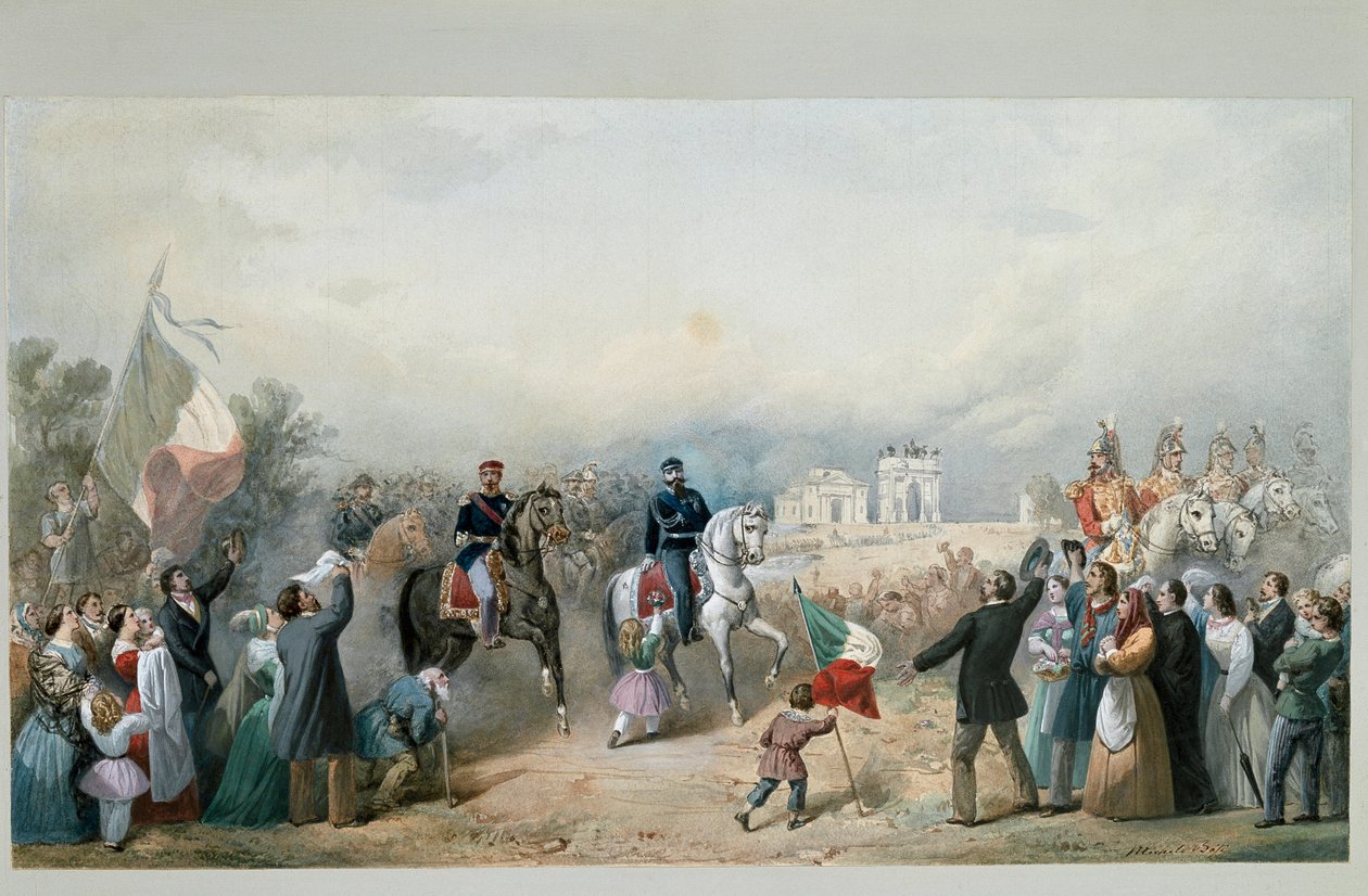 II. Vittorio Emanuele és III. Napóleon szardíniai király diadalmenete Milánóban 1859. június 8-án (akvarell alkotó: Michele Bisi