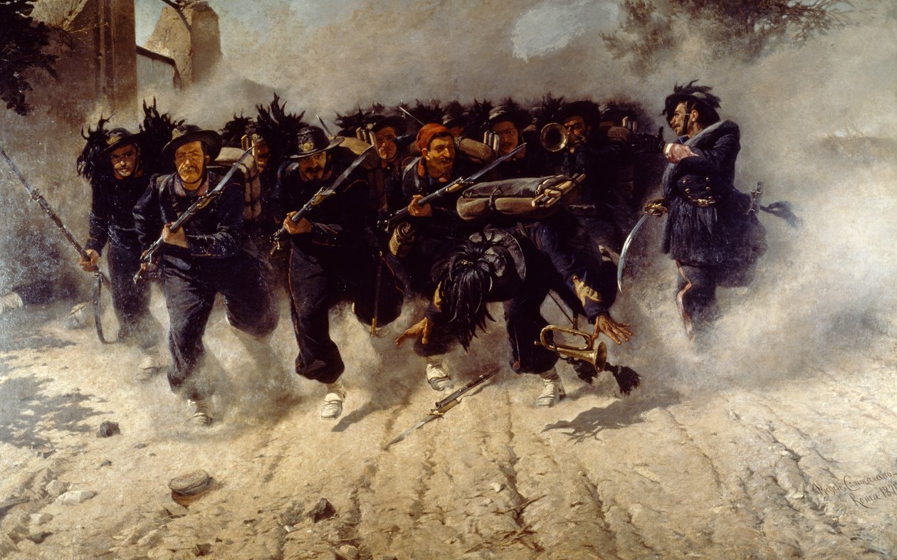 Bersaglieri-töltés a Porta Pián, Michele Cammarano (1835-1920), olaj, vászon, 290x472 cm alkotó: Michele Cammarano
