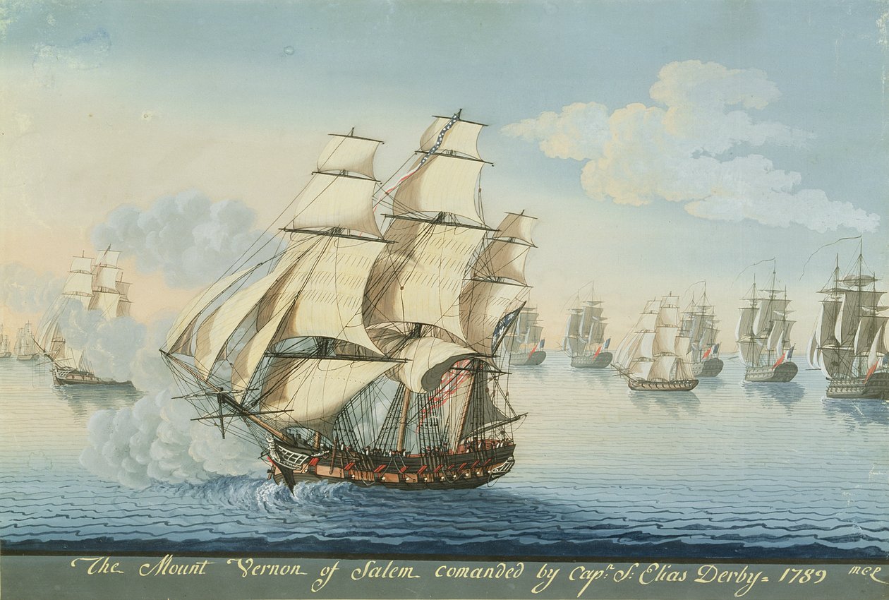 A salemi Mount Vernon hajó a francia flottát megelőzve (akvarell, papír) alkotó: Michele Felice Corne