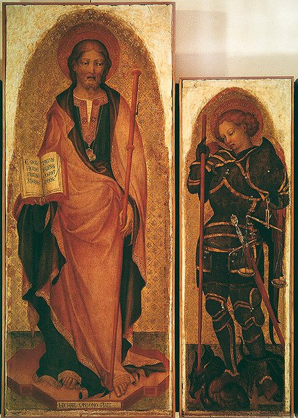 Szent Jakab szentekkel, Szent Jakab és Szent Mihály arkangyal részlete, 1450 körül (tempera a táblán arannyal) (256989 részlet) alkotó: Michele Giambono