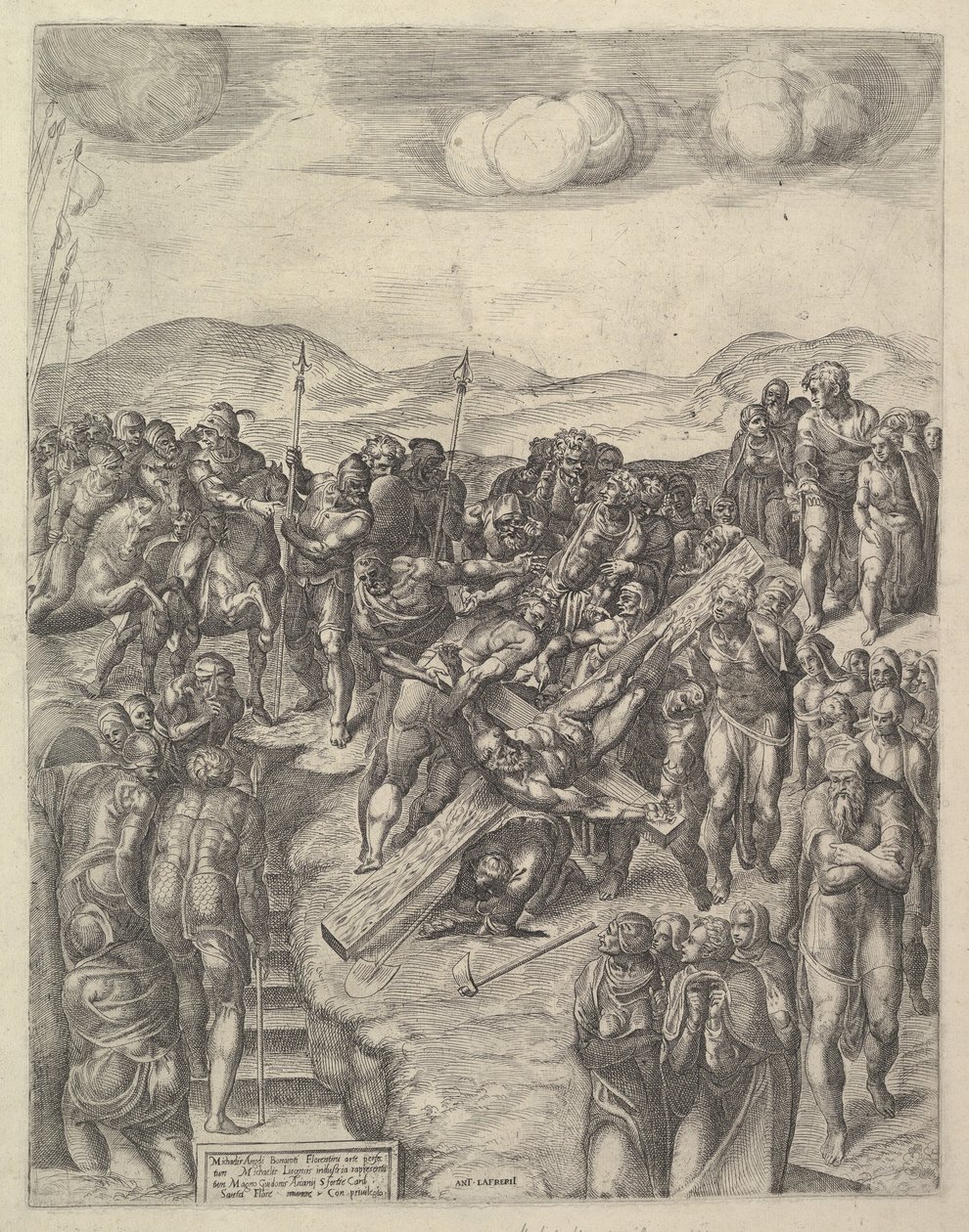 Szent Péter keresztre feszítése, Michelangelo freskói után a Pálos kápolnában, Va..., 1550-60. alkotó: Michele Lucchese