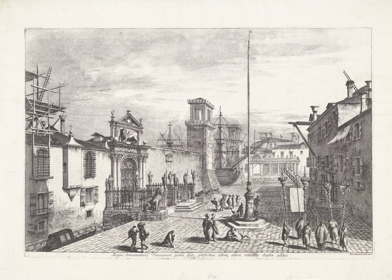 Porta Magna van het Venetiaans Arsenaal A Velencei Nagy Arzenál két kapuja (...) (cím a tárgyon) Gezichten op Venetië (sorozat címe) Csodálatos és válogatott kilátás Velence városára (sorozat címe) alkotó: Michele Marieschi