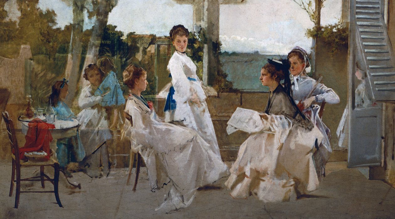 Pergola alatt, Michele Tedesco (1834-1917) festménye, olaj, vászon, 81x139 cm, Olaszország alkotó: Michele Tedesco