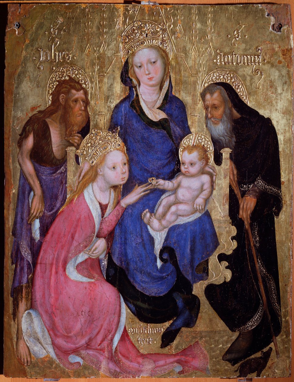 Szent Katalin misztikus házassága Keresztelő Jánossal és Egyiptomi Antal szentekkel - Festmény, 1420 körül alkotó: Michelino Molinari da (attr. to) Besozzo