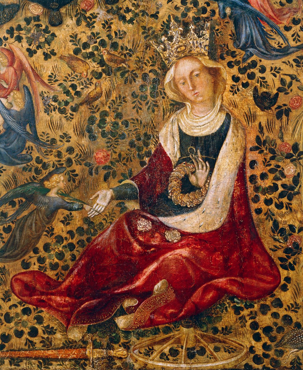 Alexandriai Szent Katalin, részlet Michelino da Besozzo (kb. 1370-1455) vagy Stefano da Verona (kb. 1374-1438) Rózsakert Madonnájából, tempera táblán, 63x42 cm alkotó: Michelino Molinari da Besozzo
