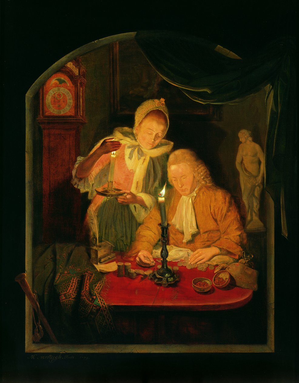 Pénzt számoló pár gyertyafénynél, 1779 (panel) alkotó: Michiel Versteegh