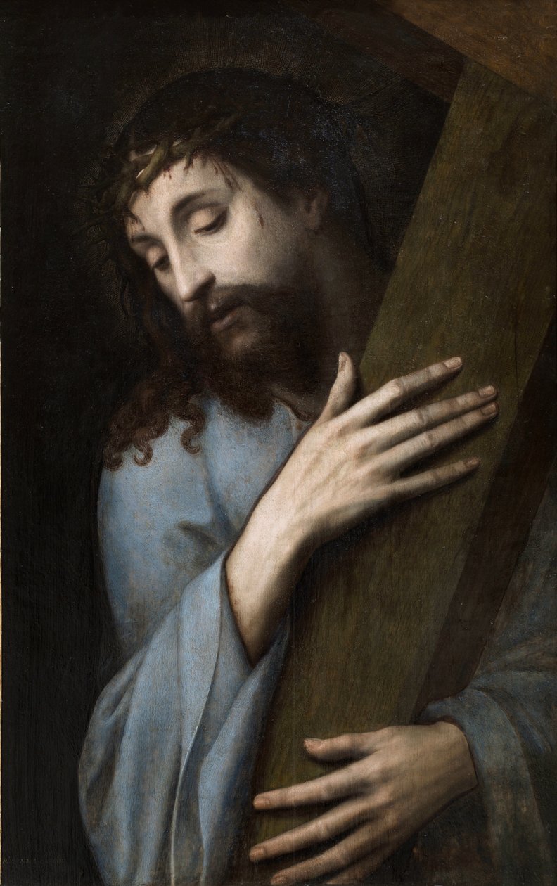 Jézus a kereszttel - Peinture de Michiel Coxcie (Coxie, Coxien, De Coxien, De Coxcie, Coxius, Van Coxcie) (1499-1592), kb 1555 - Olaj, fa, 81x50 - Museo del Prado, Madrid alkotó: Michiel I Coxie or Coxcie