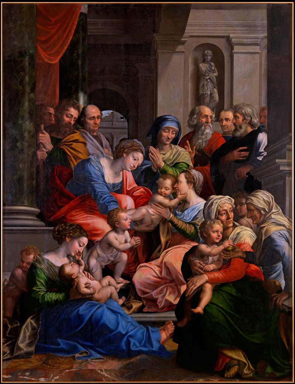 ""A szent rokonság"" (A szent rokonság) Michael Coxcie (Michiel Coxien) festménye (De Coxien, De Coxcie, Coxius, Van Coxcie és Coxie) (1499-1592) 1540 Olaj, fa Méret 245x191 cm Kremsmuenster Abbey Ausztria alkotó: Michiel I Coxie or Coxcie