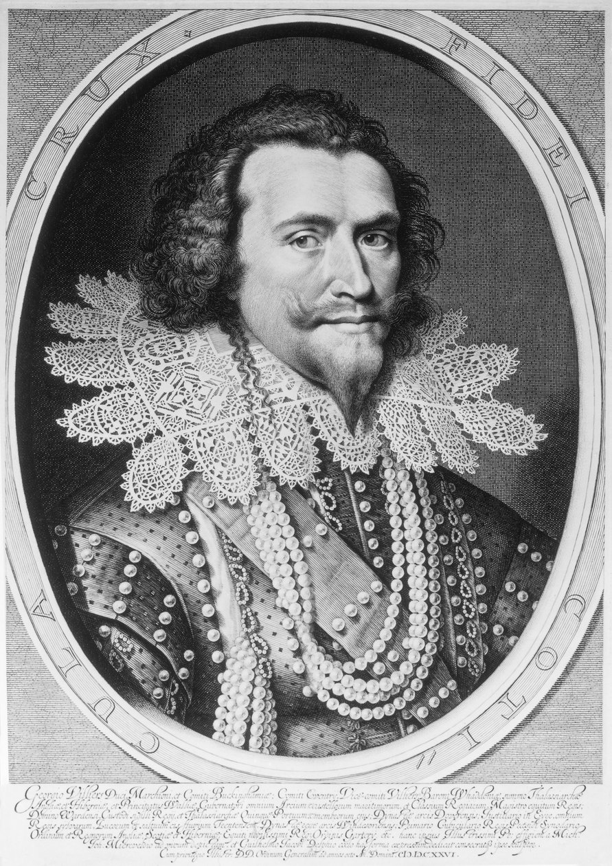George Villiers, Buckingham 1. hercegének (1592-1628) arcképe, Willem Jacobsz metszete. Delff (1580-1638) 1626 (metszet) (bw fotó) alkotó: Michiel Jansz van Miereveld