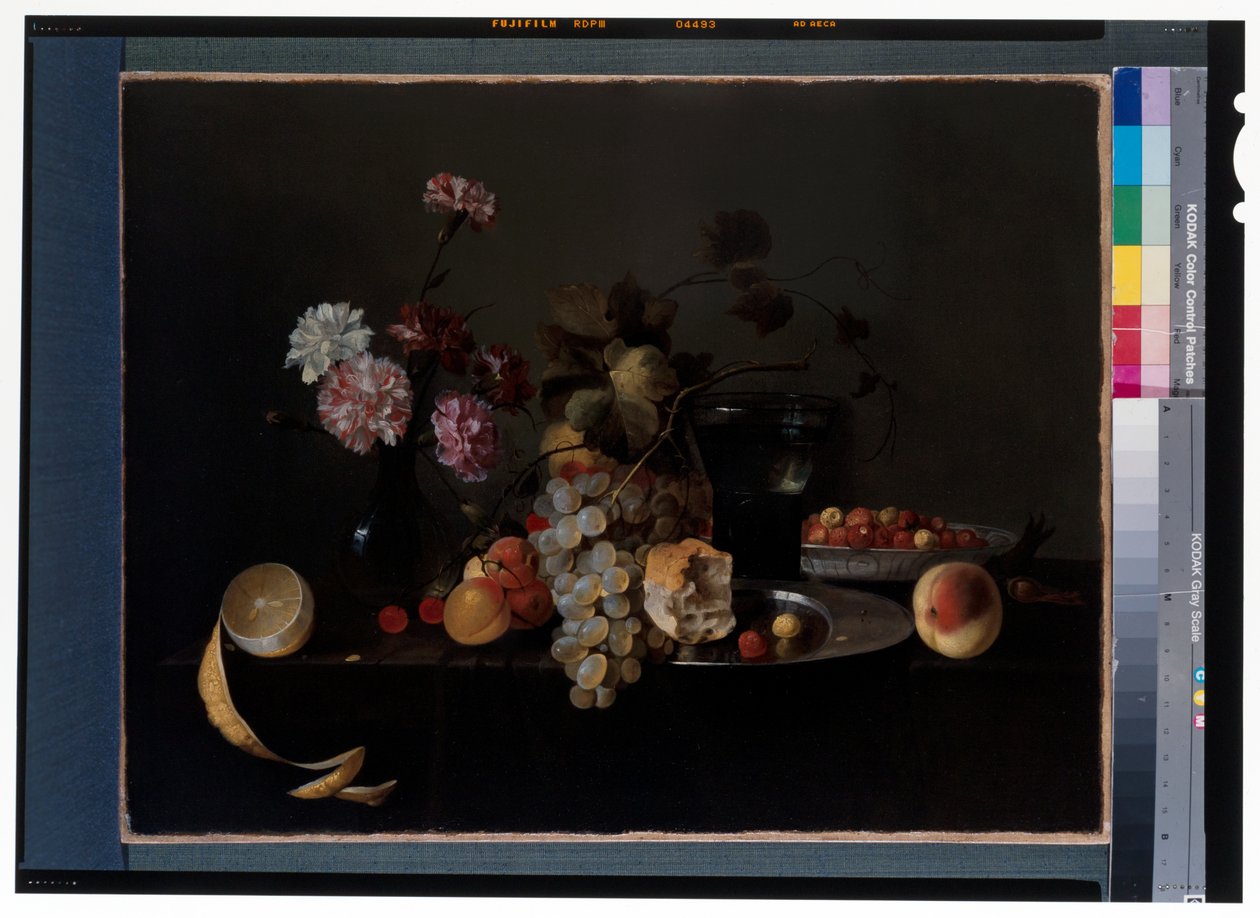 Still life with flowers, fruits and a rummer glass on a stone slab alkotó: Michiel Simons