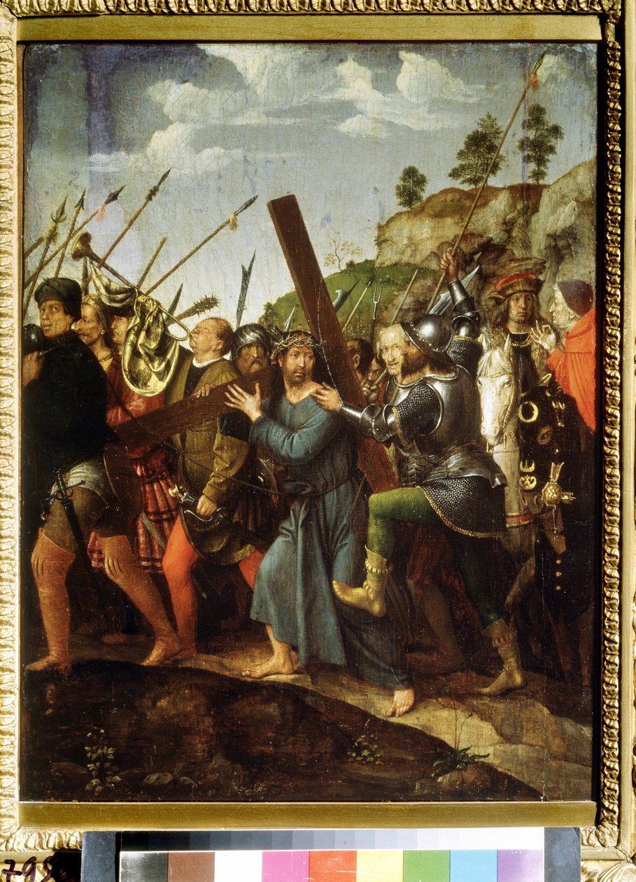 A keresztet hordozó Krisztus. (Keresztet hordozó Krisztus). Michael Sittow festménye (1460 vagy 1468-1525). Olaj, vászon, 37,5 x 28,3 cm, 1518-1525 körül. Holland művészet, reneszánsz. Puskin Szépművészeti Múzeum, Moszkva. alkotó: Michiel Sittow