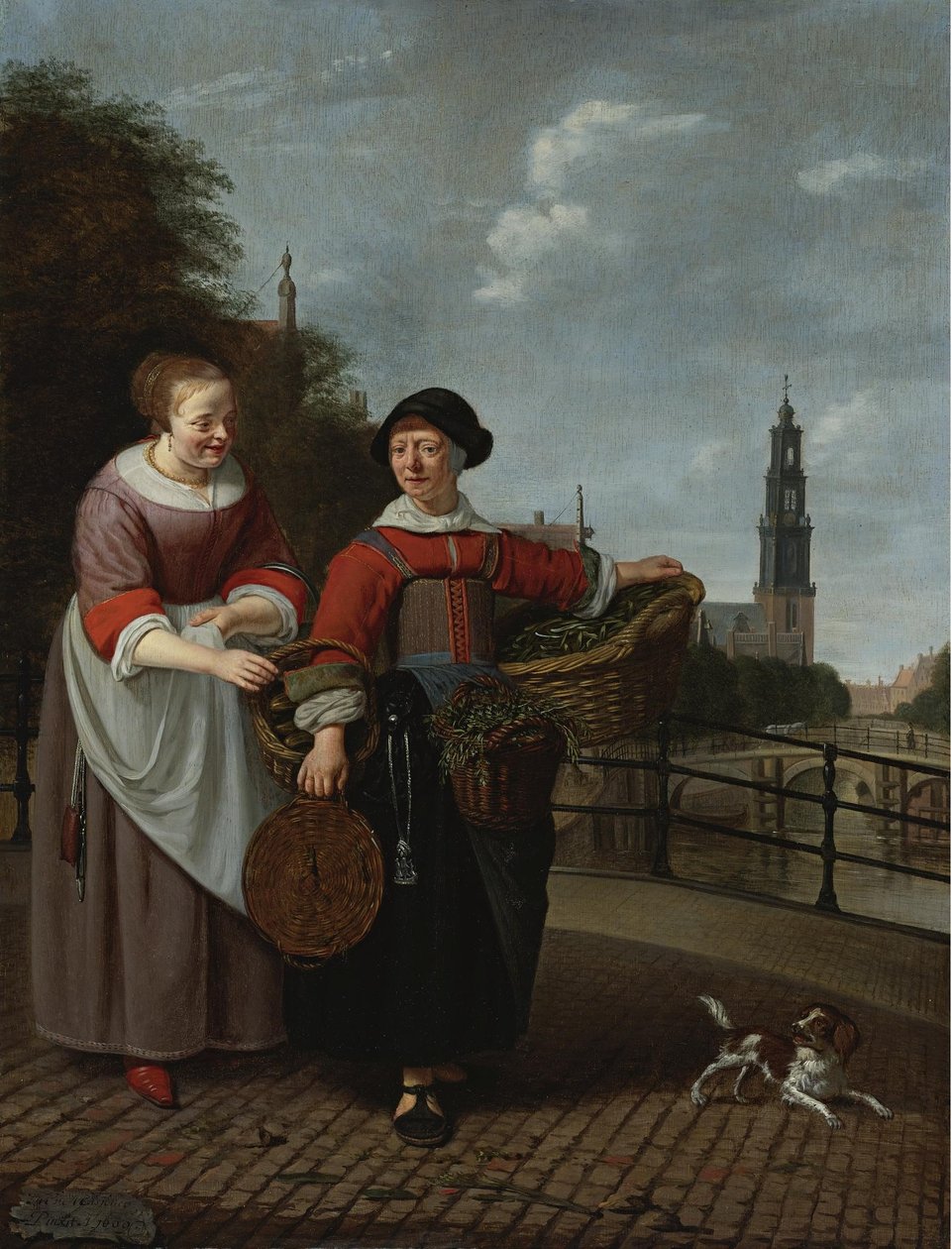 Egy zöldségárusnő és egy háziasszony az amszterdami Eenhoornsluisban, a háttérben a Westertoren alkotó: Michiel van Musscher