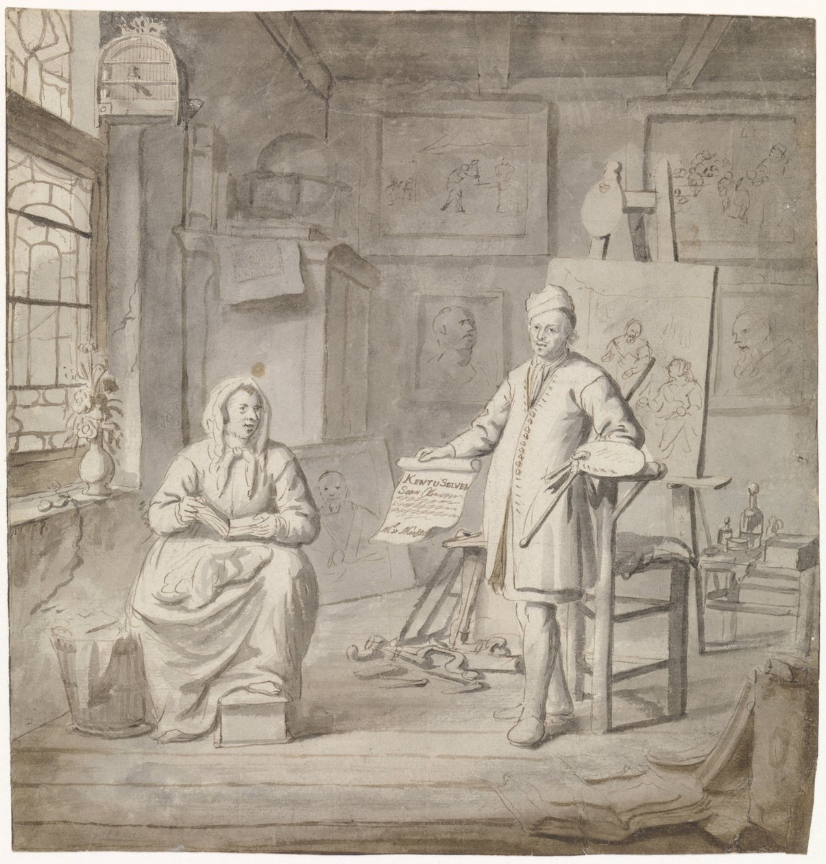 Michiel Comans festő és harmadik felesége, Elisabeth van der Mersche a stúdióban alkotó: Michiel van Musscher