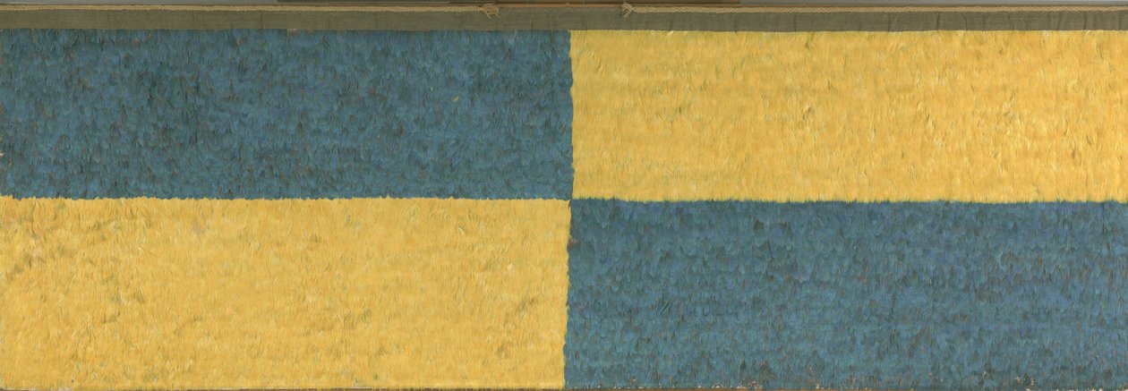 Panel kék és sárga téglalapokkal, c. A.D.650-850 (tollak (kék és arany ara), pamutszövet és teveféle rostszövet) alkotó: Middle Horizon Epoch 2A