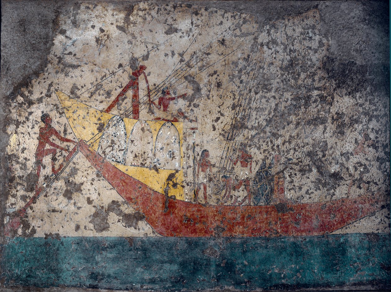 Egyiptomi antikvitás: „” Egyiptomi katonai hajó”” Freskó egy sírból. Kr.e. 2000. Torino, Museo Egizio alkotó: Middle Kingdom Egyptian