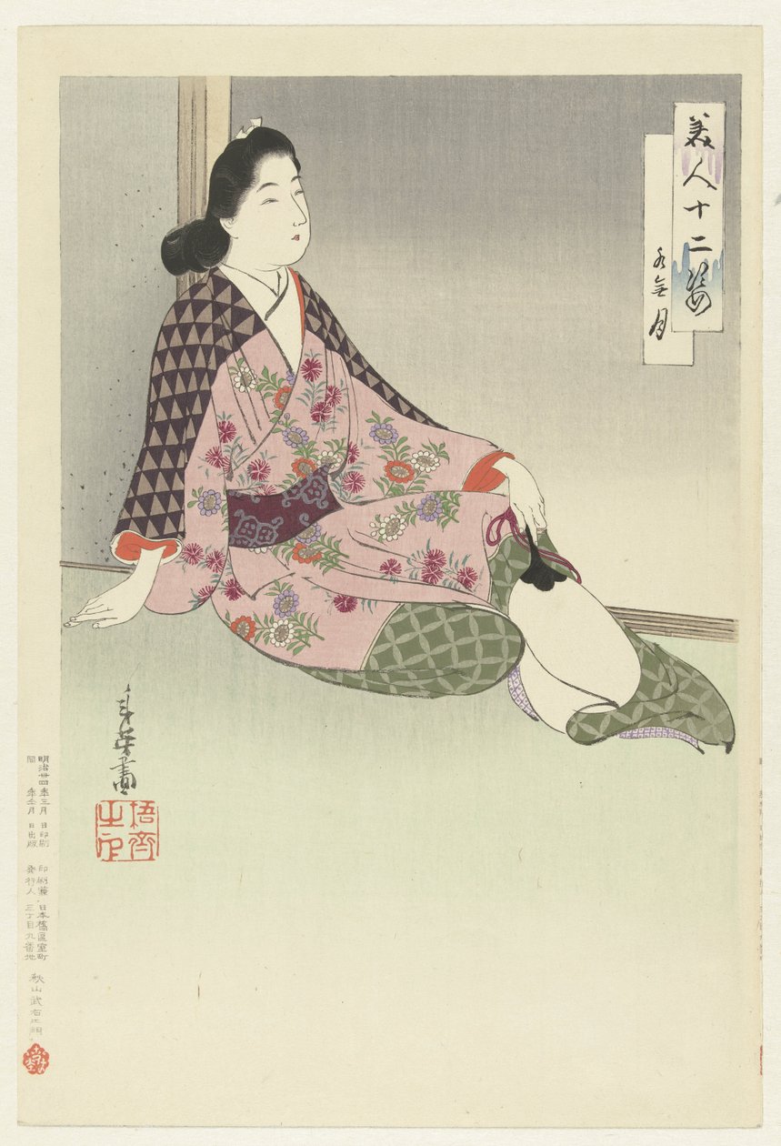 A hatodik hónap Minazuki (cím a tárgyon) Tizenkét szépség (sorozat címe) Bijin junishi (sorozat címe az objektumon) alkotó: Migita Toshihide