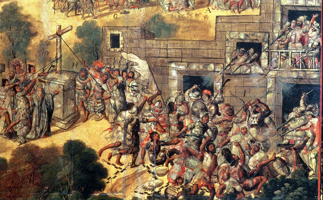 Részlet a bálványokkal szembeni keresztlehúzási kísérletről, kőhajítás és nyíllövés Montezuma ellen (1466-1520) 1698 (olaj a táblán) alkotó: Miguel Gonzalez
