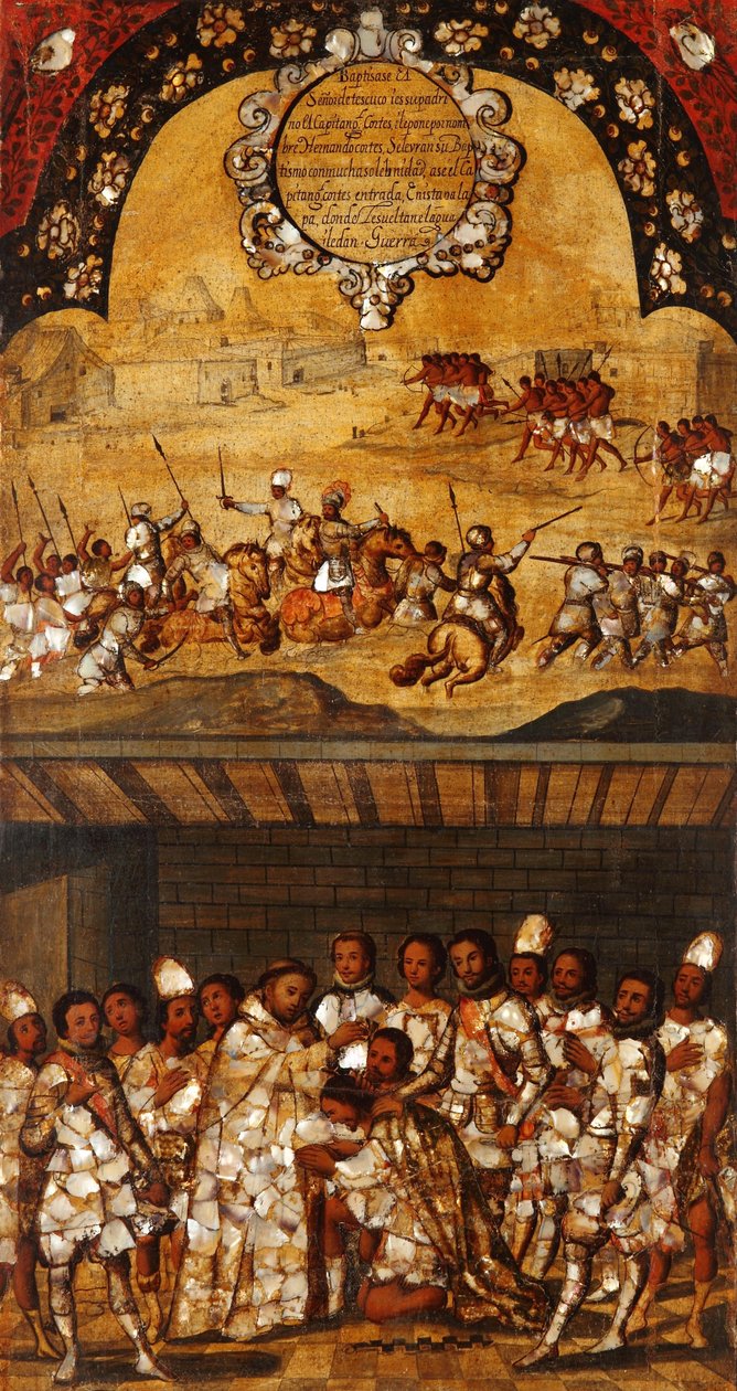 Mexikó hódítása, XIX. panel, 1696-1715 körül (festés fára) alkotó: Miguel Gonzalez