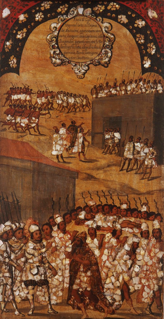 Mexikó hódítása, XVII. panel, 1696-1715 körül (festés fára) alkotó: Miguel Gonzalez