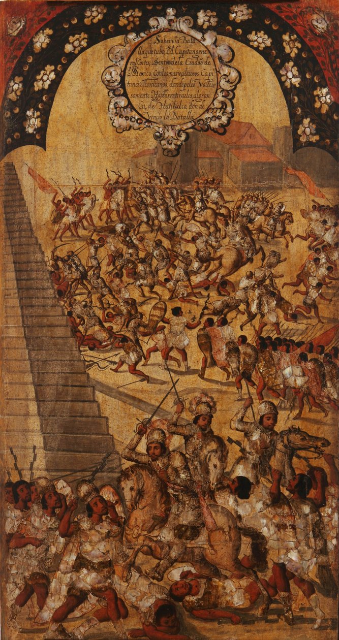 Mexikó hódítása, XVI. panel, 1696-1715 körül (festés fára) alkotó: Miguel Gonzalez