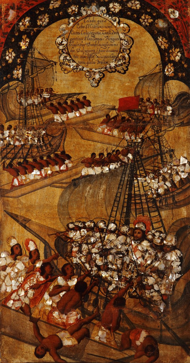 Mexikó hódítása, XXII. panel, 1696-1715 körül (festés fára) alkotó: Miguel Gonzalez