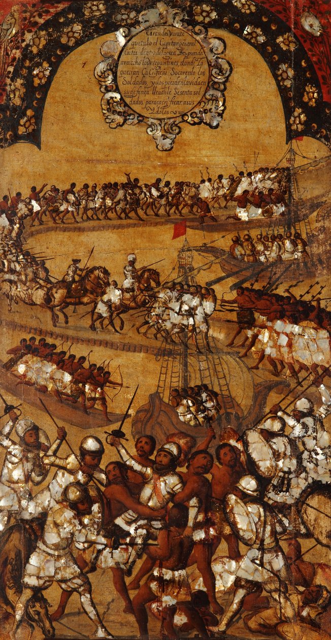 Mexikó hódítása, XXI. panel, 1696-1715 körül (festés fára) alkotó: Miguel Gonzalez