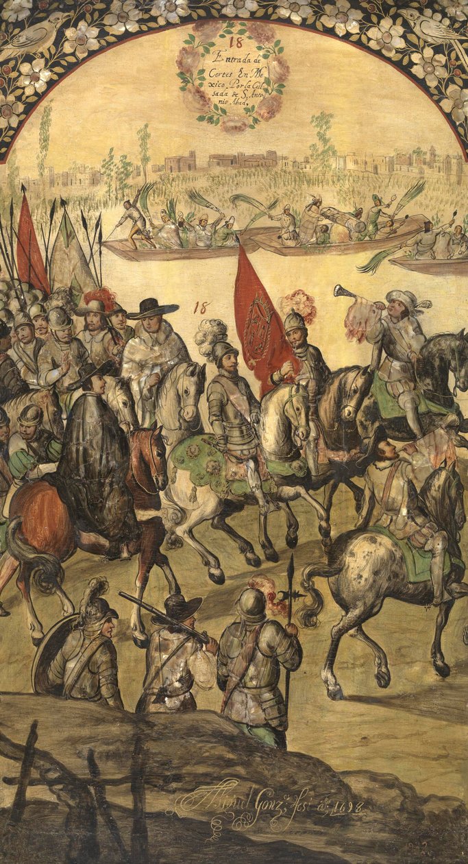 Hernan (ou Hernando) Cortes vagy Fernand Cortez (1485-1547) et sa suite érkezésnt au tenochtitlan (mexikó) – Hernan Cortes, Miguel és Juan mexikói hódítása (aktív a 17. század vége). Olaj, fa, méret: 97x53 alkotó: Miguel and Juan Gonzalez